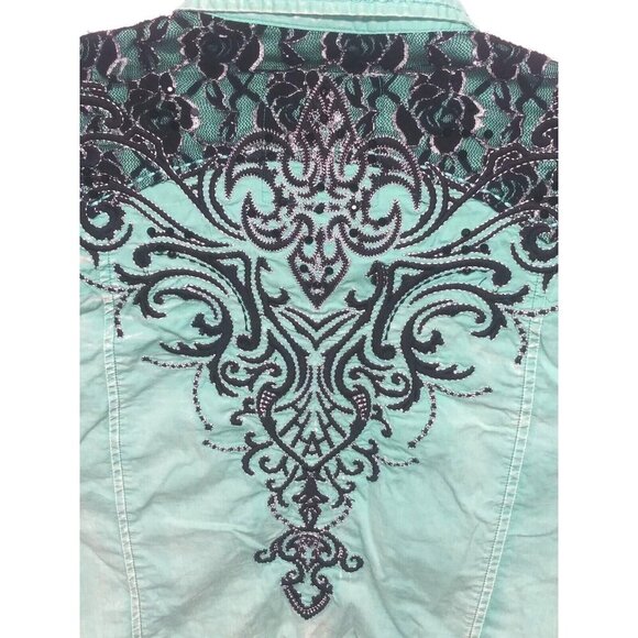 Roar Western Shirt Womens Sz L Slim Embroidered Rhinestones Cowgirl green black - Picture 6 of 12